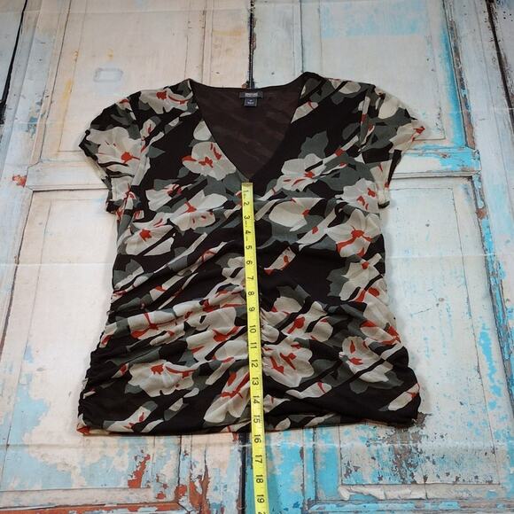 Kenneth Cole Reaction Brown Green Orange Floral Cinched Short Sleeve Sheer Shirt - Picture 9 of 12